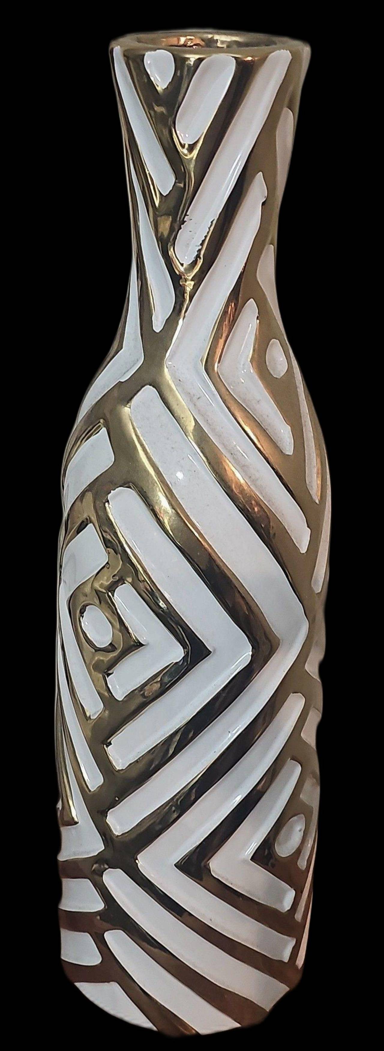 Gold and White Geometric Ceramic Vase