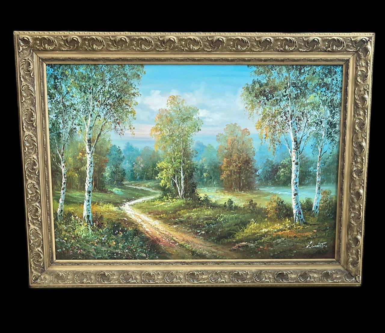 Vintage Landscape Oil Painting in Ornate Gold Frame
