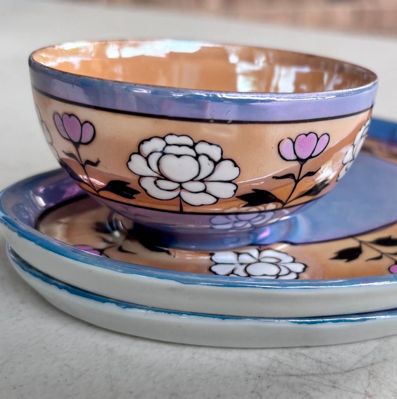 Vintage Japanese Lusterware Tea Cup and Snack Plate Set (4) sparrows and flowers
