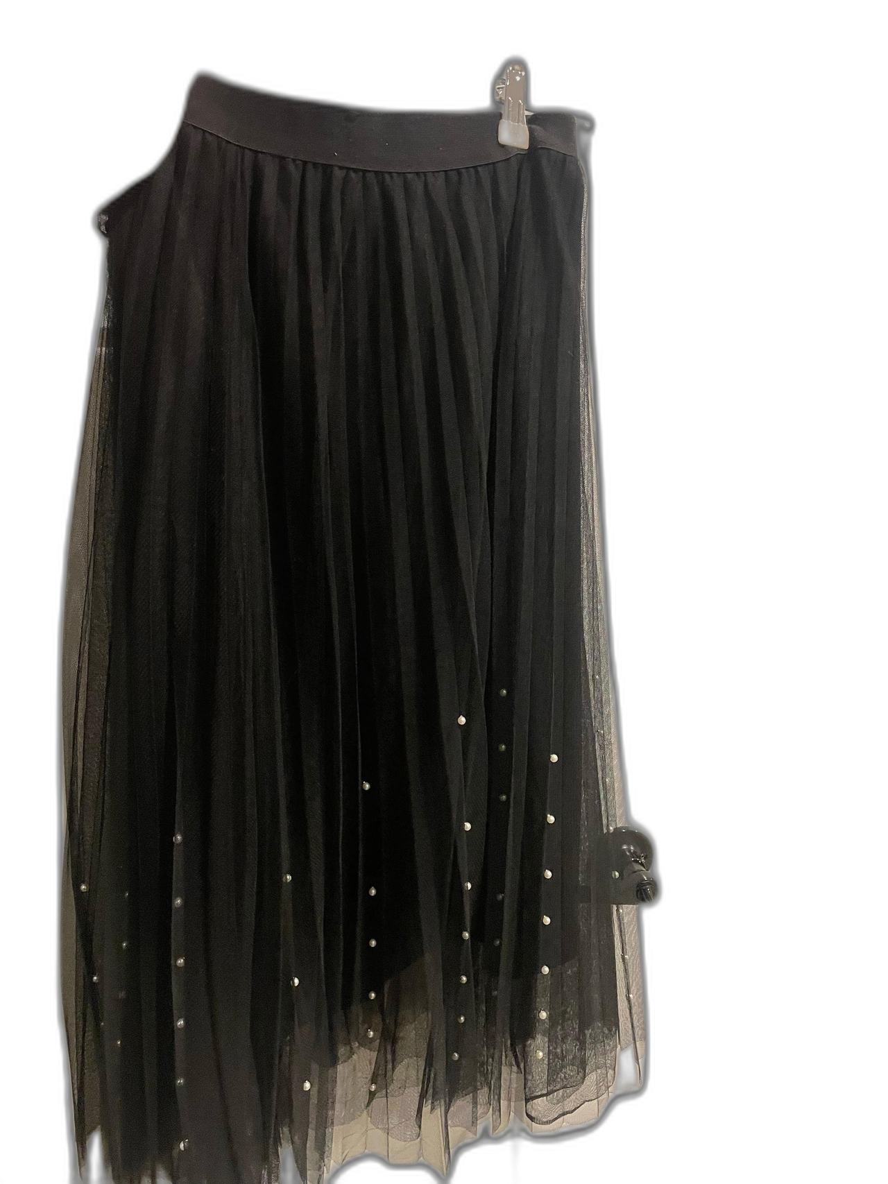 Pink Rose Black Pearl Embellished Pleated Tulle Midi Skirt