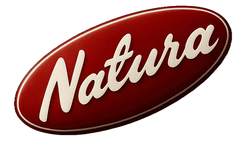 Logo of Natura Honey brand with stylized text and honeycomb design