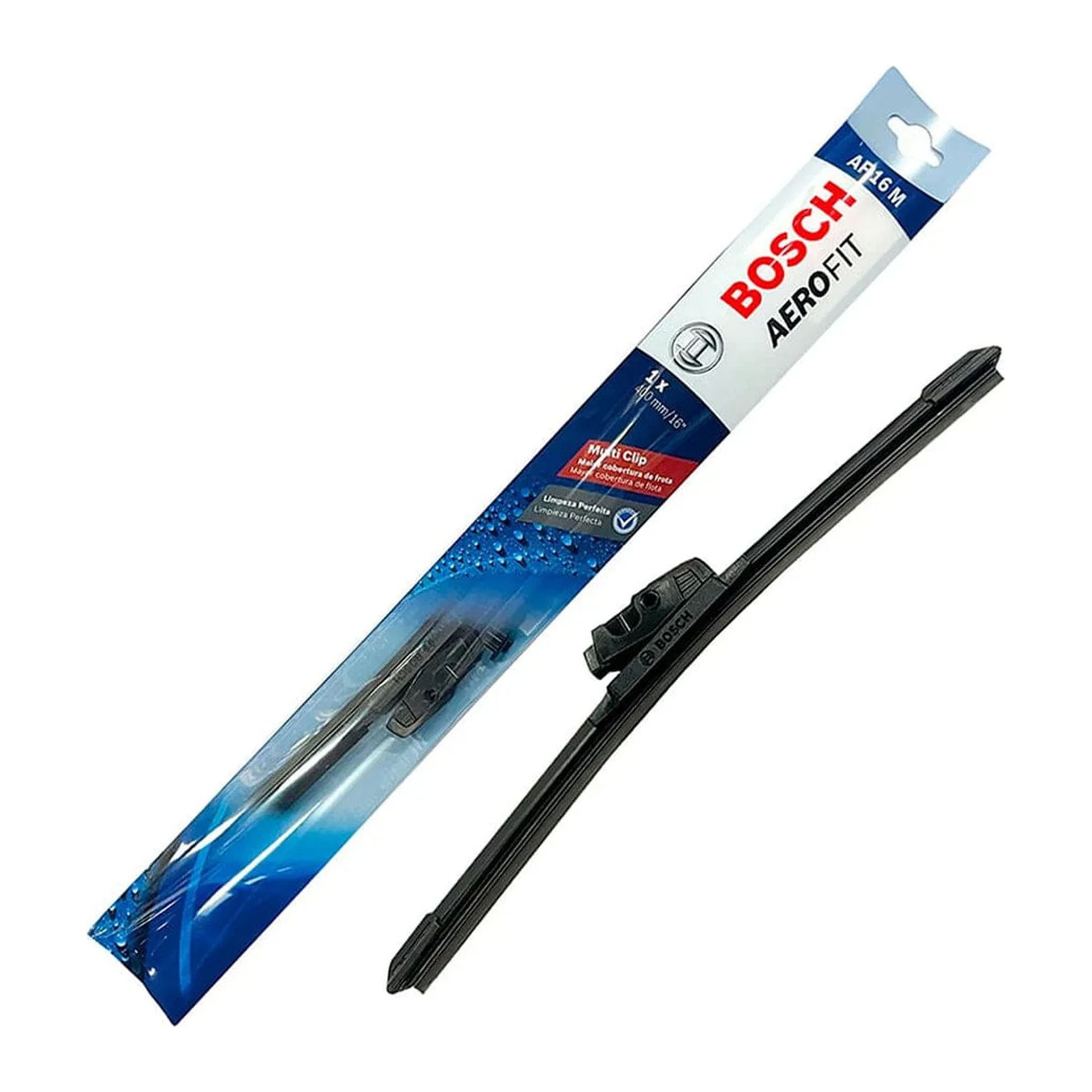 Plumilla plana Bosch Aerofit Multiclip de 16 pulgadas (400 mm) junto a su empaque AF16M