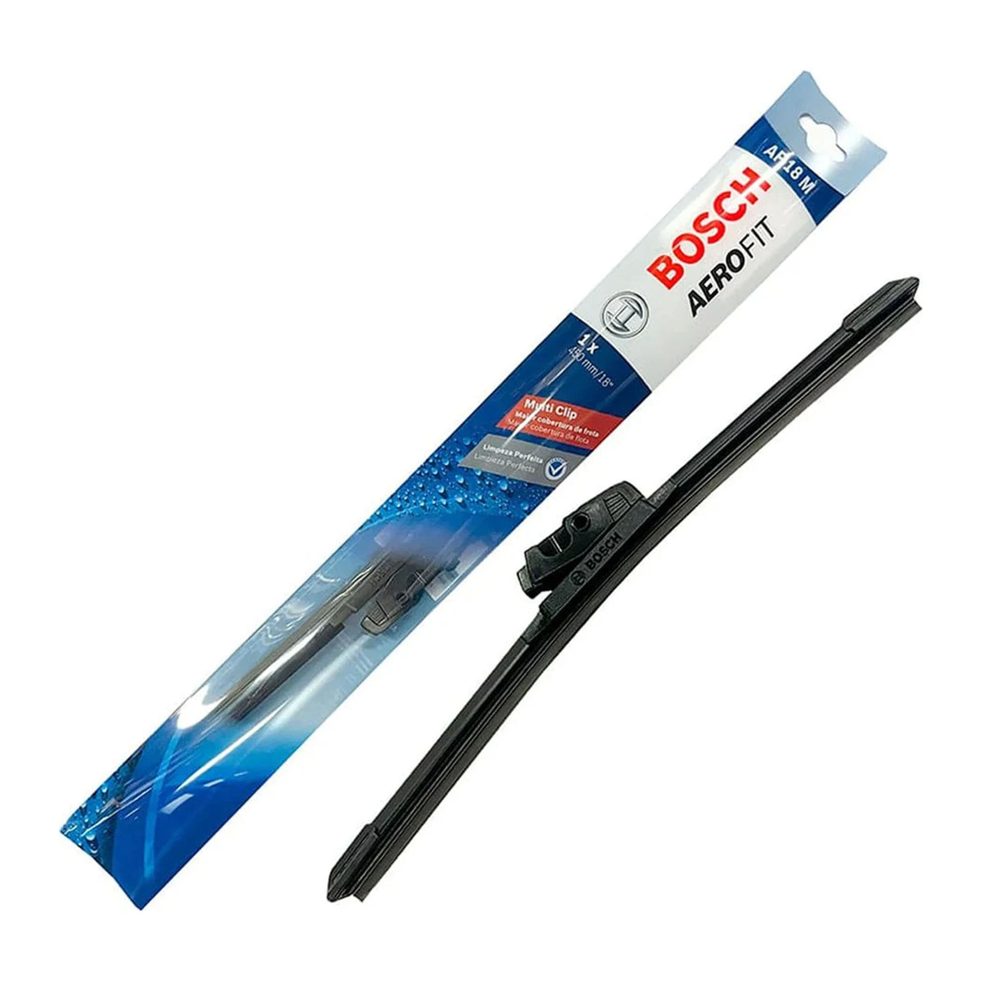 Plumilla plana Bosch Aerofit Multiclip de 18 pulgadas (450 mm) junto a su empaque AF18M
