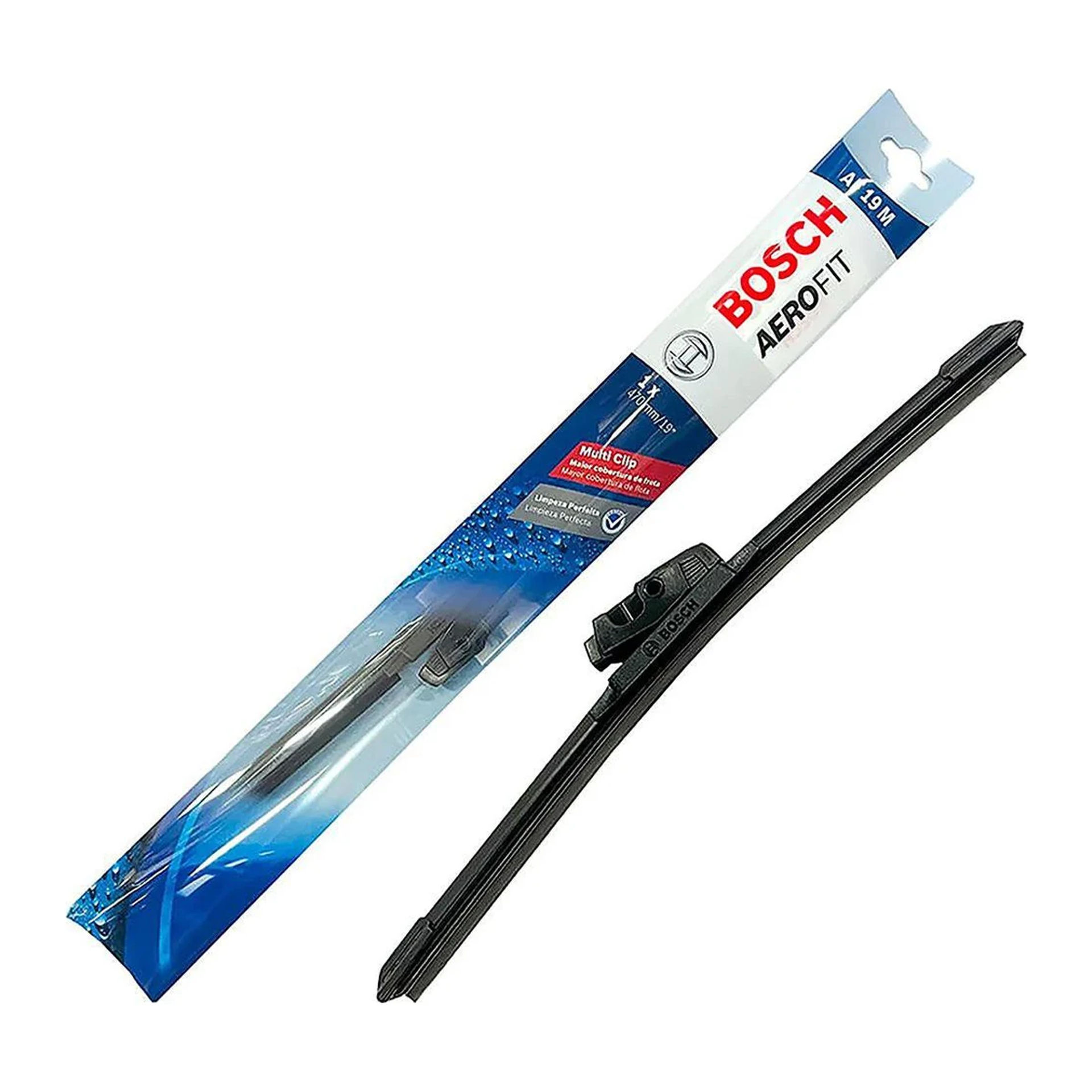 Plumilla plana Bosch Aerofit Multiclip de 19 pulgadas (470 mm) junto a su empaque AF19M