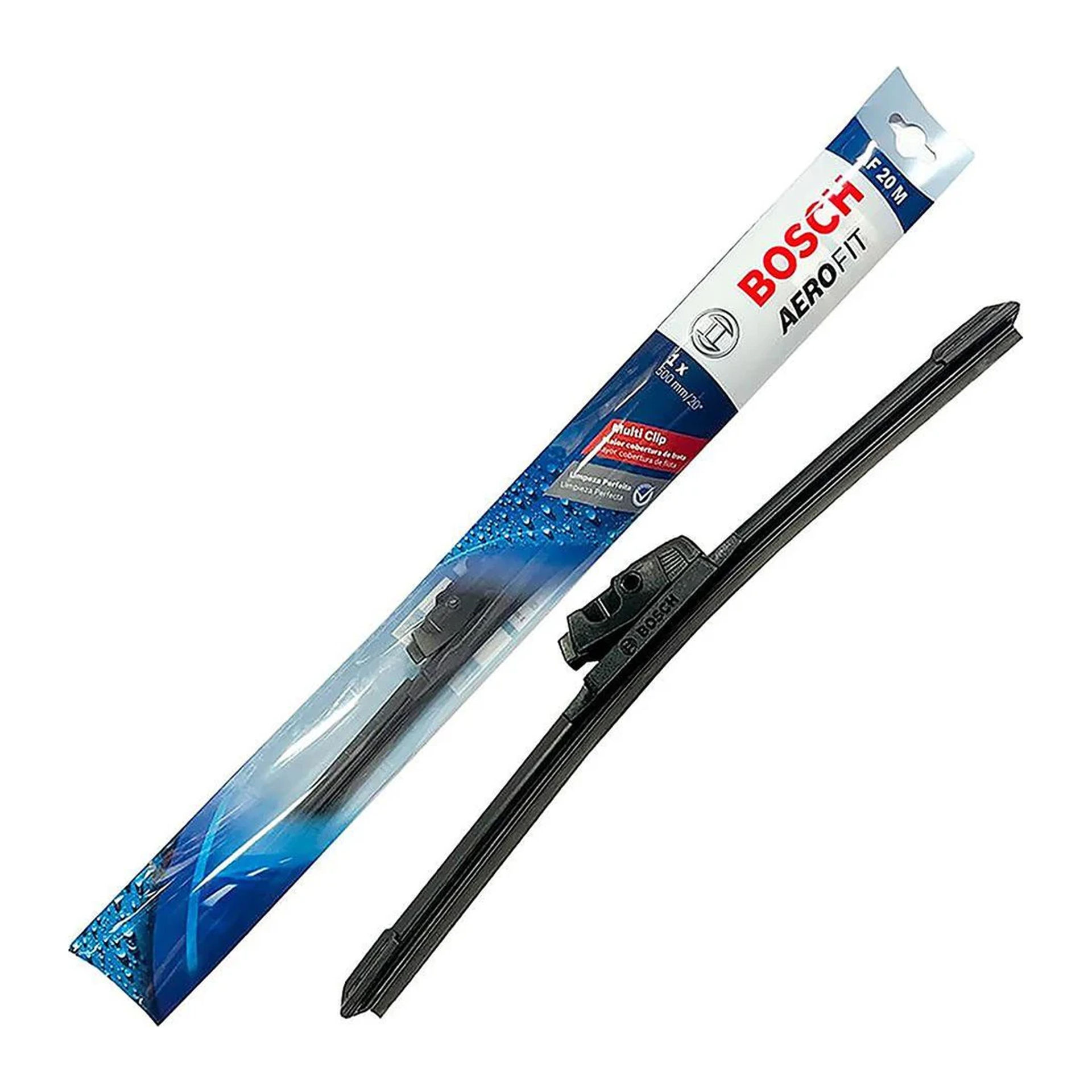 Plumilla plana Bosch Aerofit Multiclip de 20 pulgadas (500 mm) junto a su empaque AF20M