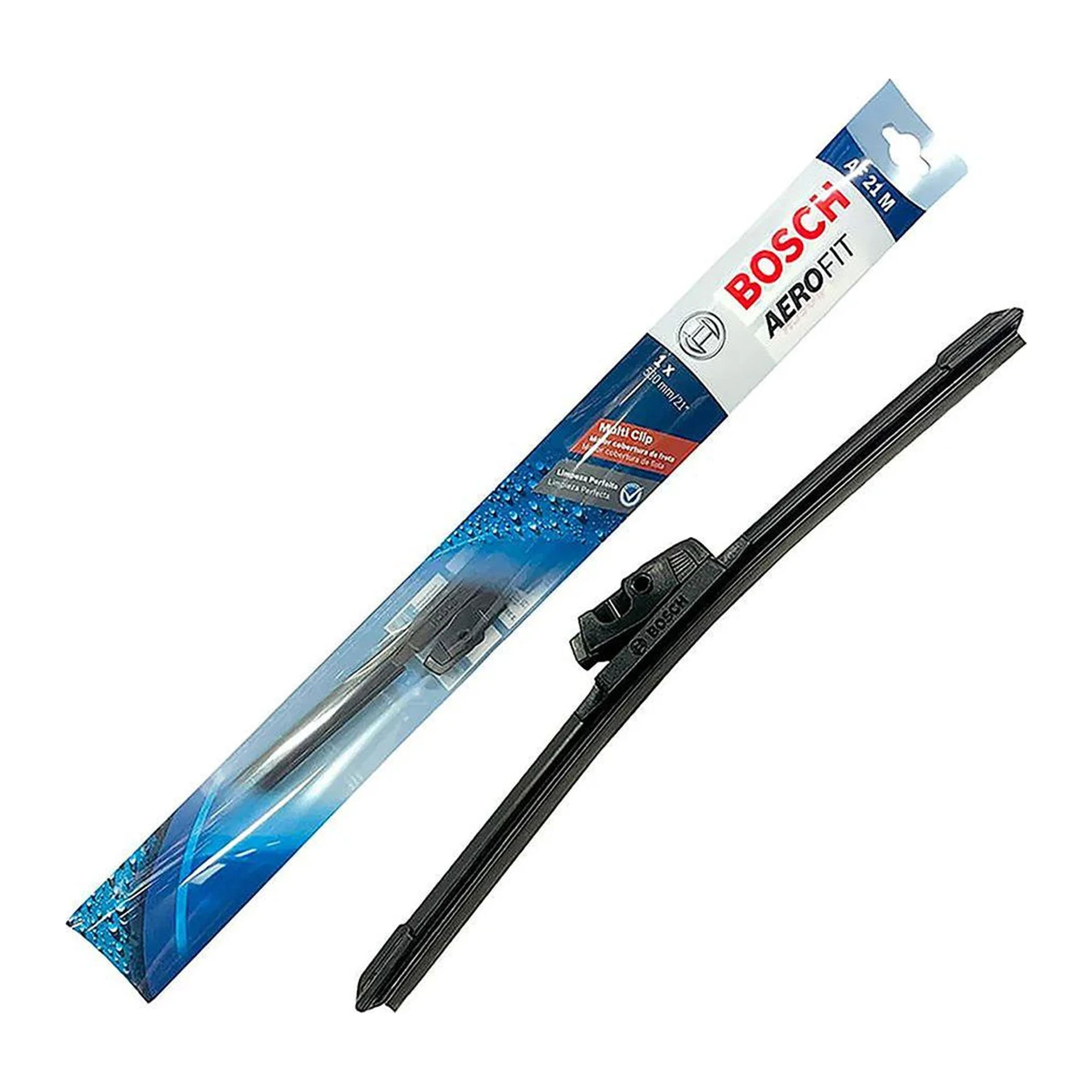 Plumilla plana Bosch Aerofit Multiclip de 21 pulgadas (530 mm) junto a su empaque AF21M