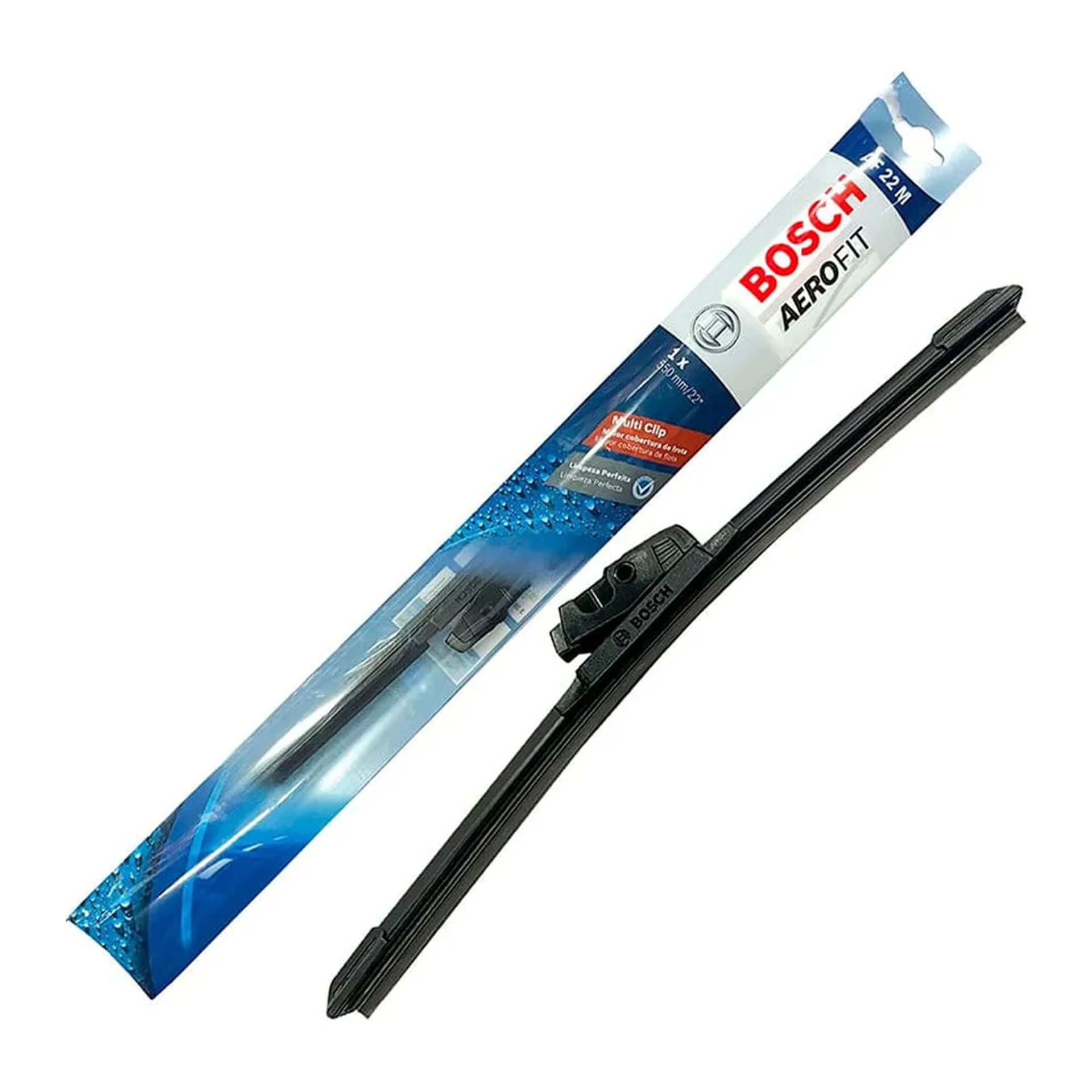 Plumilla plana Bosch Aerofit Multiclip de 22 pulgadas (550 mm) junto a su empaque AF22M