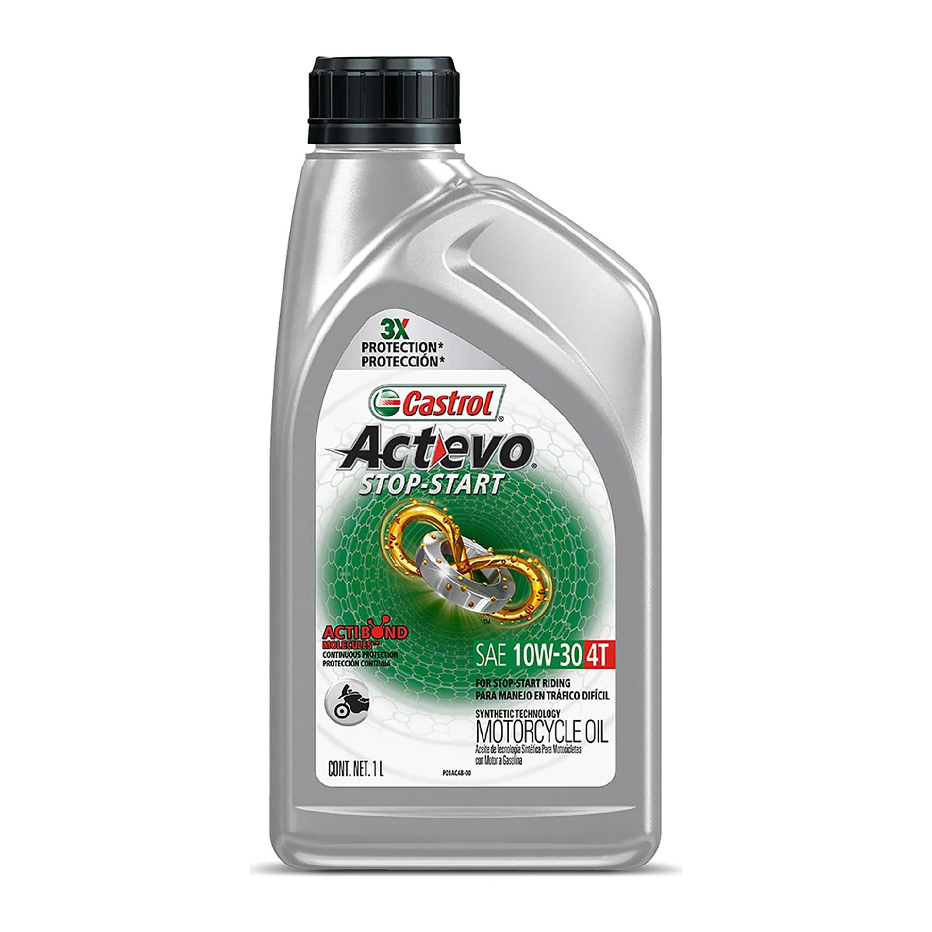 Botella de 1 L de aceite para moto Castrol Actevo Stop-Start 4T 10W-30 con tecnología sintética
