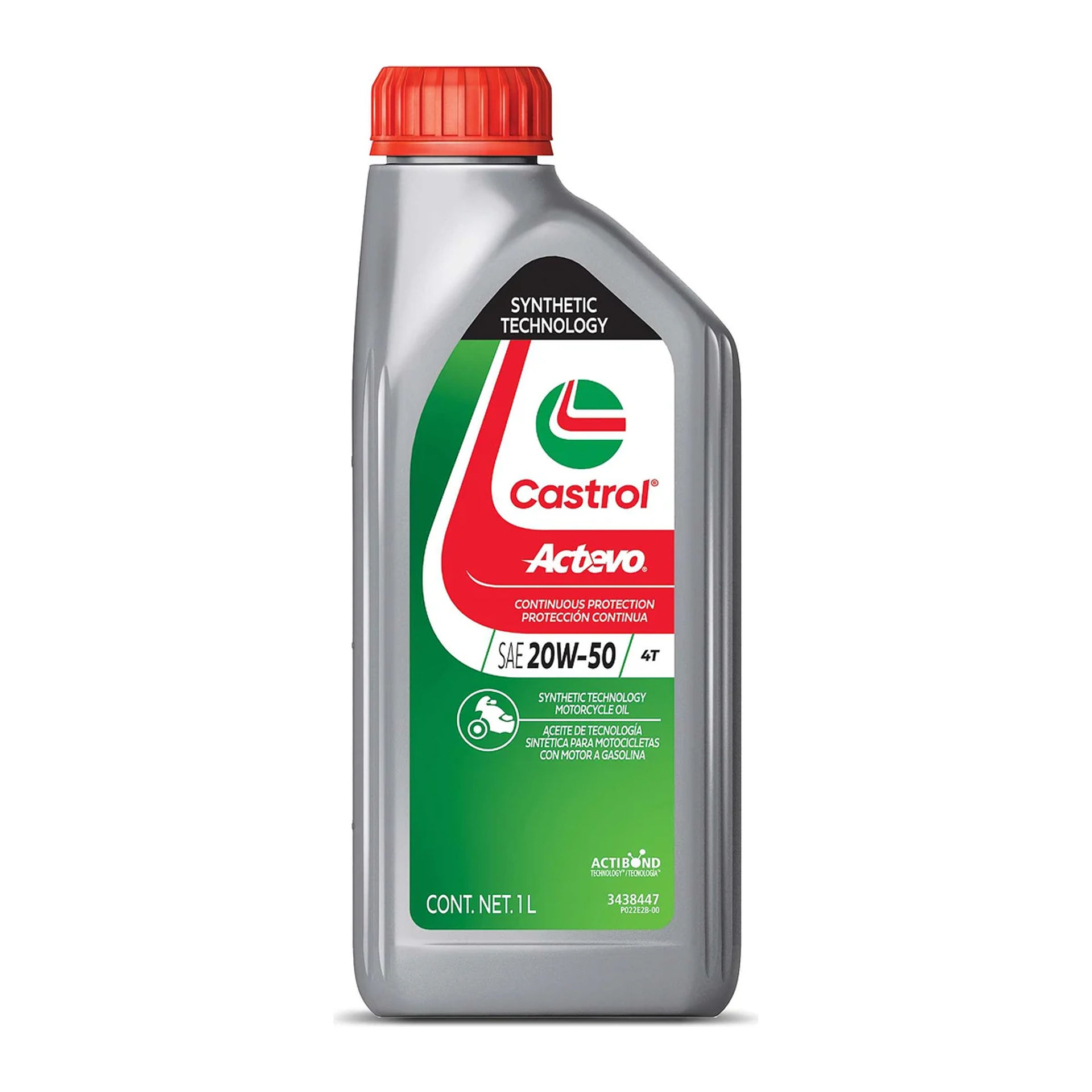 Botella de 1 L de aceite para moto Castrol Actevo 4T 20W-50 con tecnología sintética y tapa roja