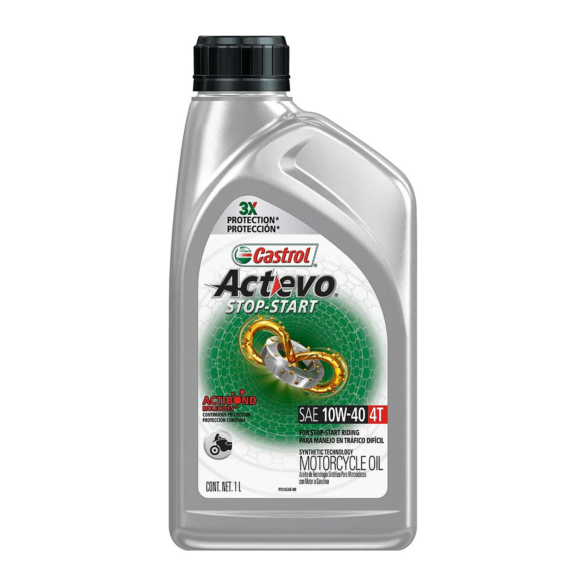 Botella de 1 L de aceite para moto Castrol Actevo Stop-Start 4T 10W-40 con tecnología sintética