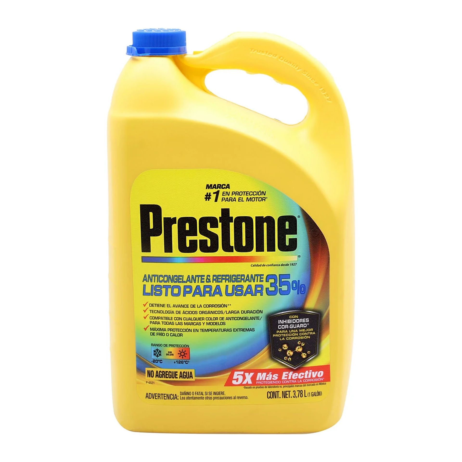 Galón de 3.78 L de anticongelante refrigerante Prestone 35% listo para usar con inhibidores Cor-Guard, envase amarillo