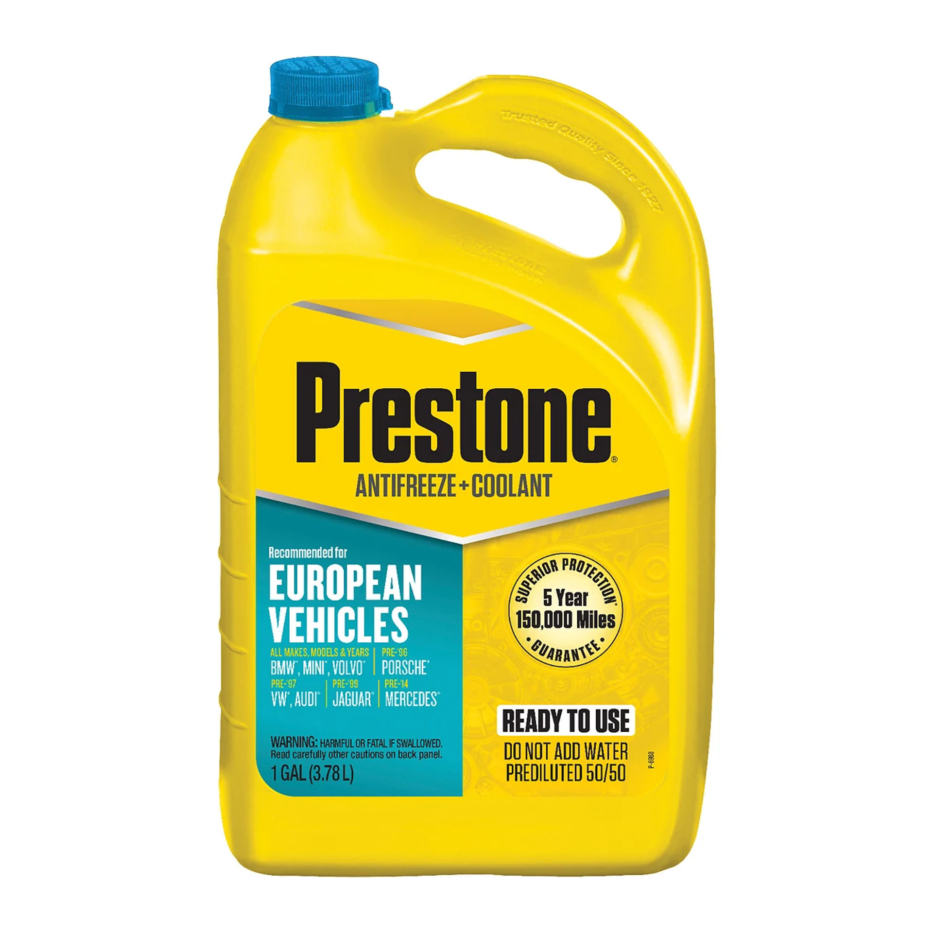 Galón de 3.78 L de anticongelante refrigerante Prestone 50/50 listo para usar para vehículos europeos, etiqueta verde azulado