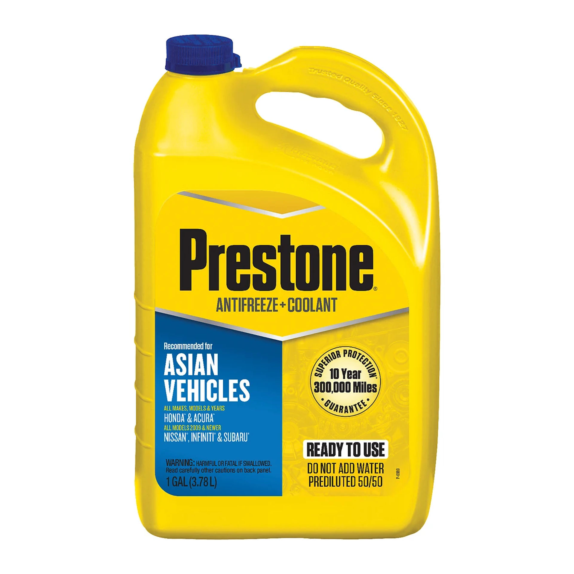Galón de 3.78 L de anticongelante refrigerante Prestone azul 50/50 para vehículos asiáticos Honda, Acura, Nissan y Subaru