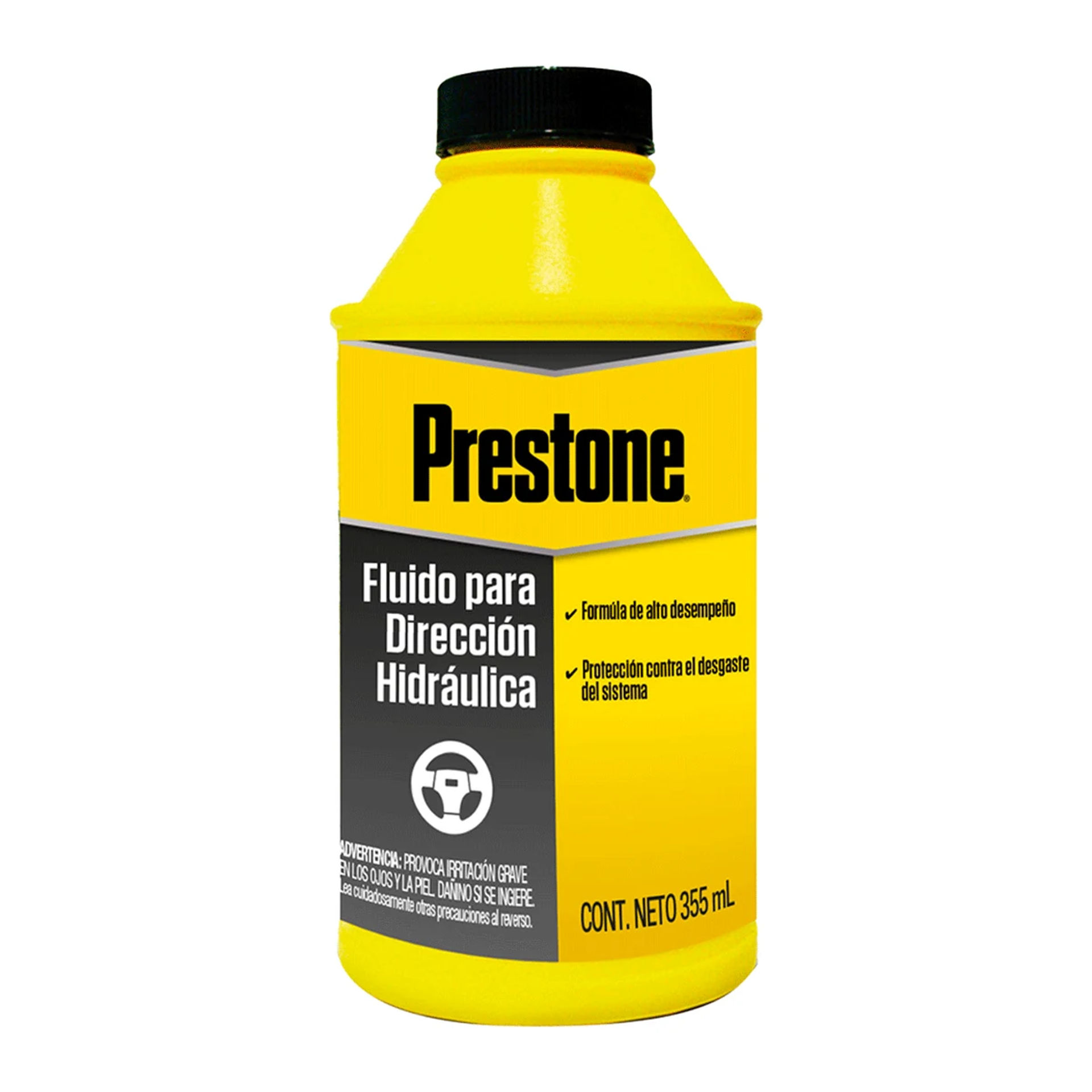 Botella de 354 ml de líquido de dirección hidráulica Prestone con etiqueta en español