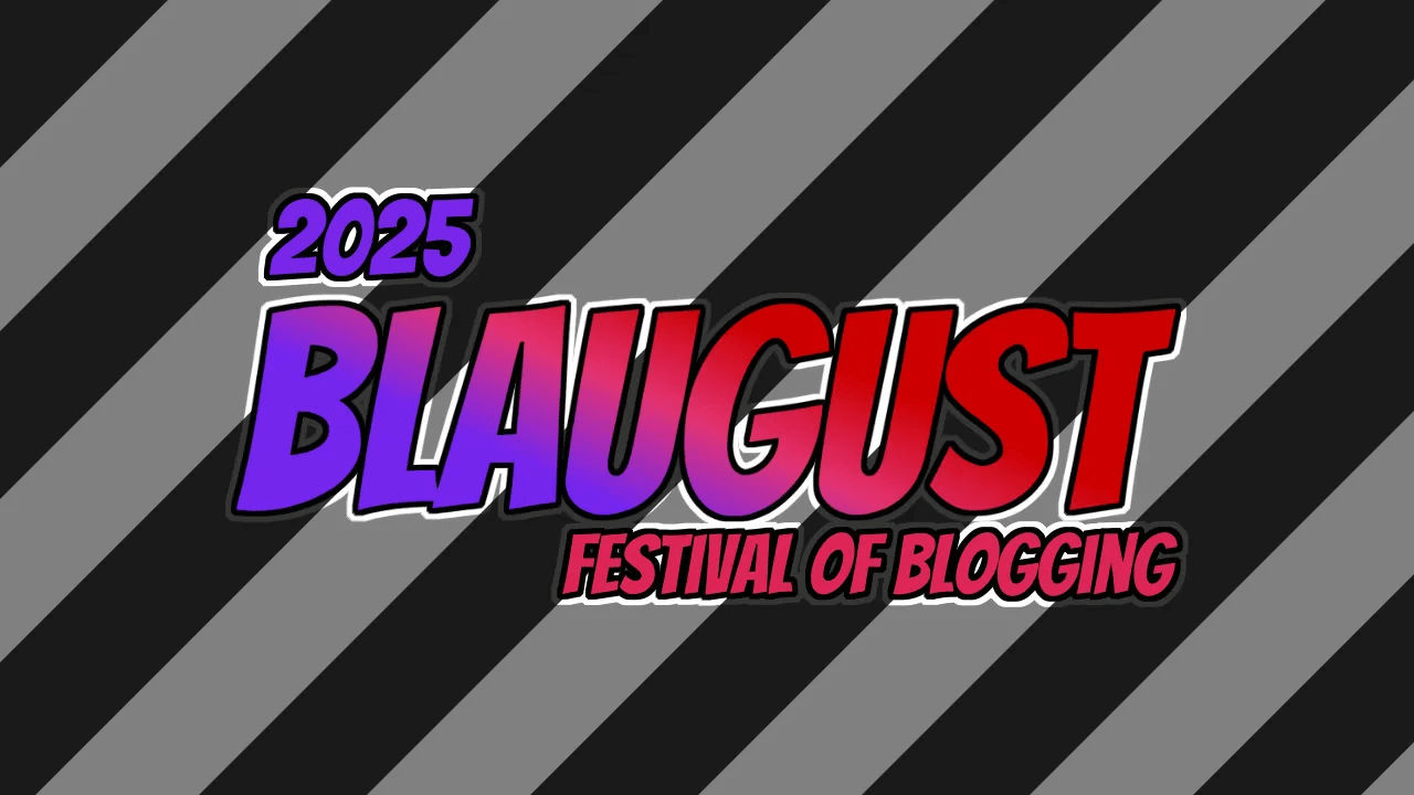 The image features the text “2025 Blaugust Festival of Blogging” in bold, gradient colors ranging from purple to red, outlined in white. The background consists of diagonal black and gray stripes.
