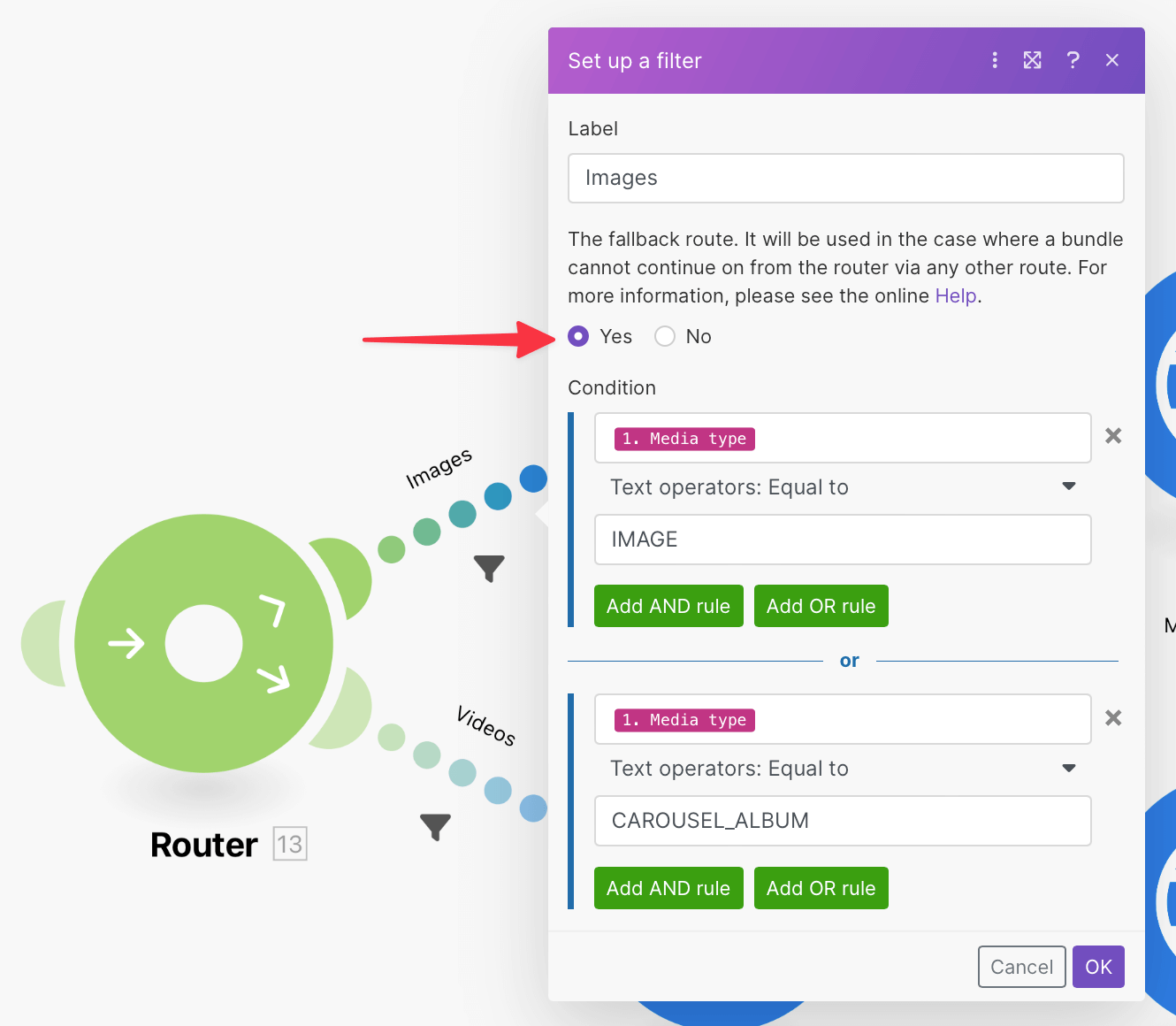 Two OR conditions let single images and multi-image posts get through.