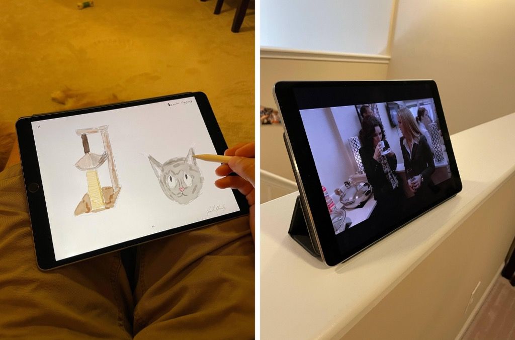 (Left) iPad in lap for drawing with the Apple Pencil, and (right) and on a counter propped with the Smart Keyboard folded behind to display a movie.