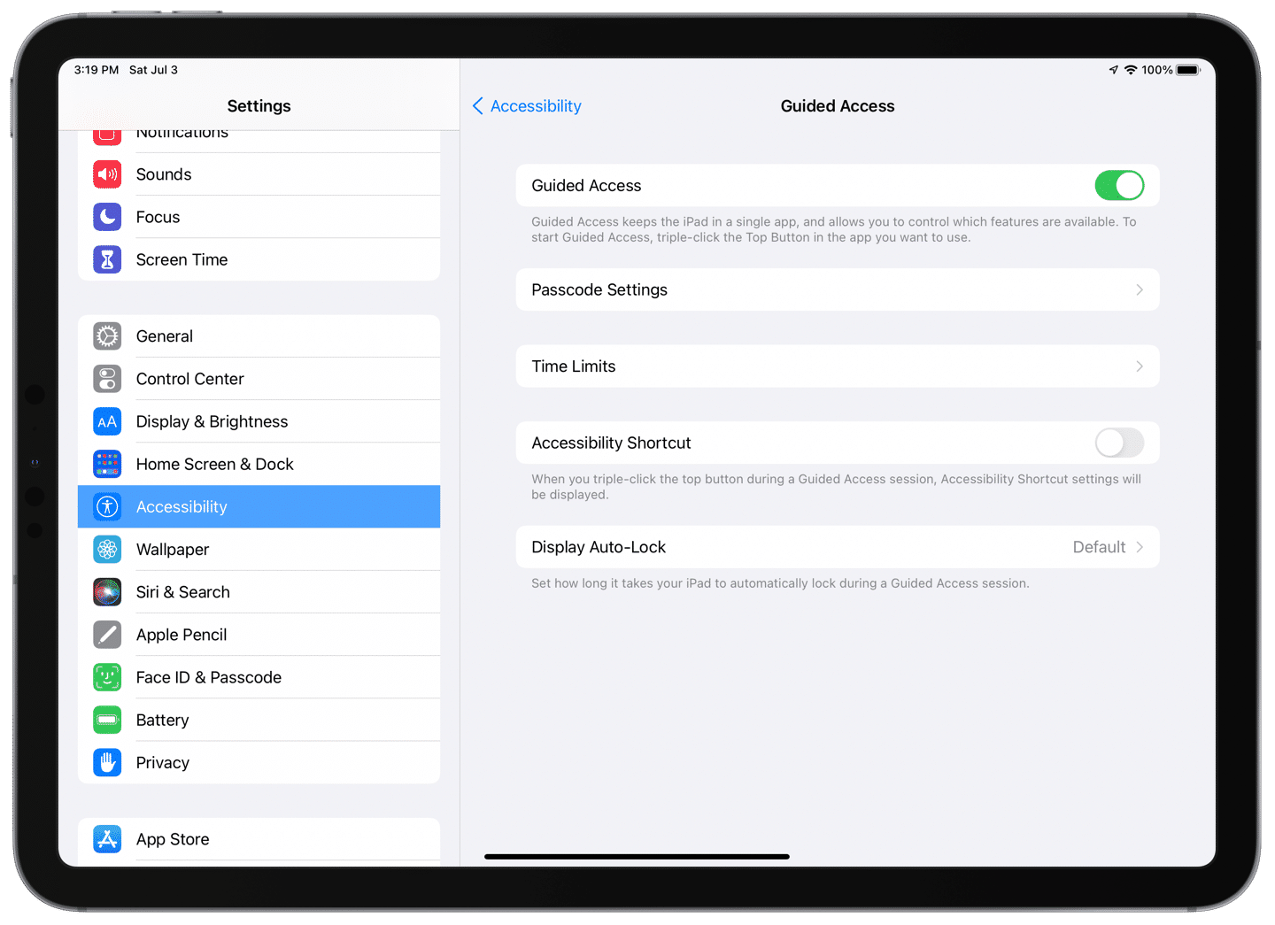 A screenshot of Guided Access options in Settings. 