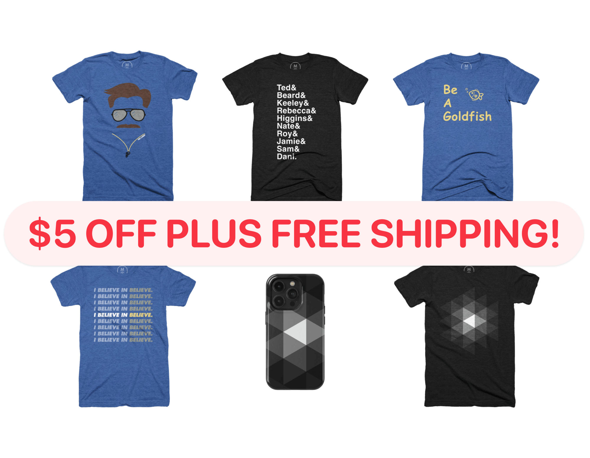 A sample of my t-shirt designs with a large banner stating “$5 off plus free shipping”.