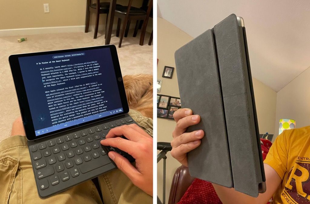 (Left) iPad with keyboard out on a lap, (right) iPad held up with Smart Keyboard folded behind.