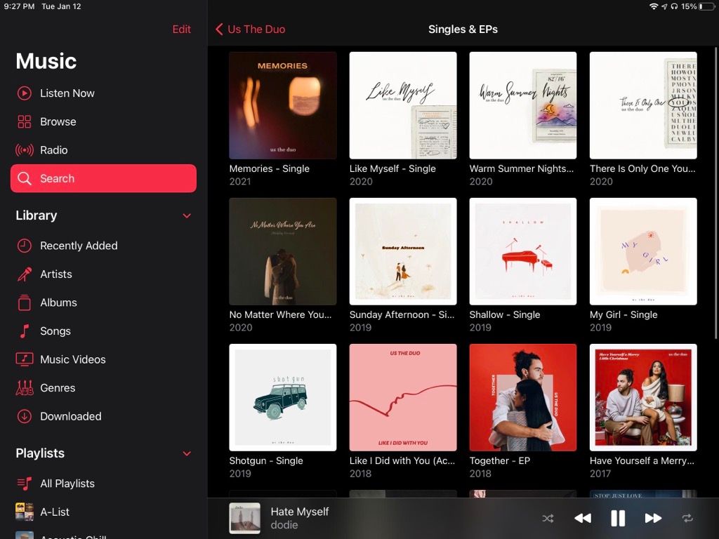 A music artist search window filled with Singles and EP albums.