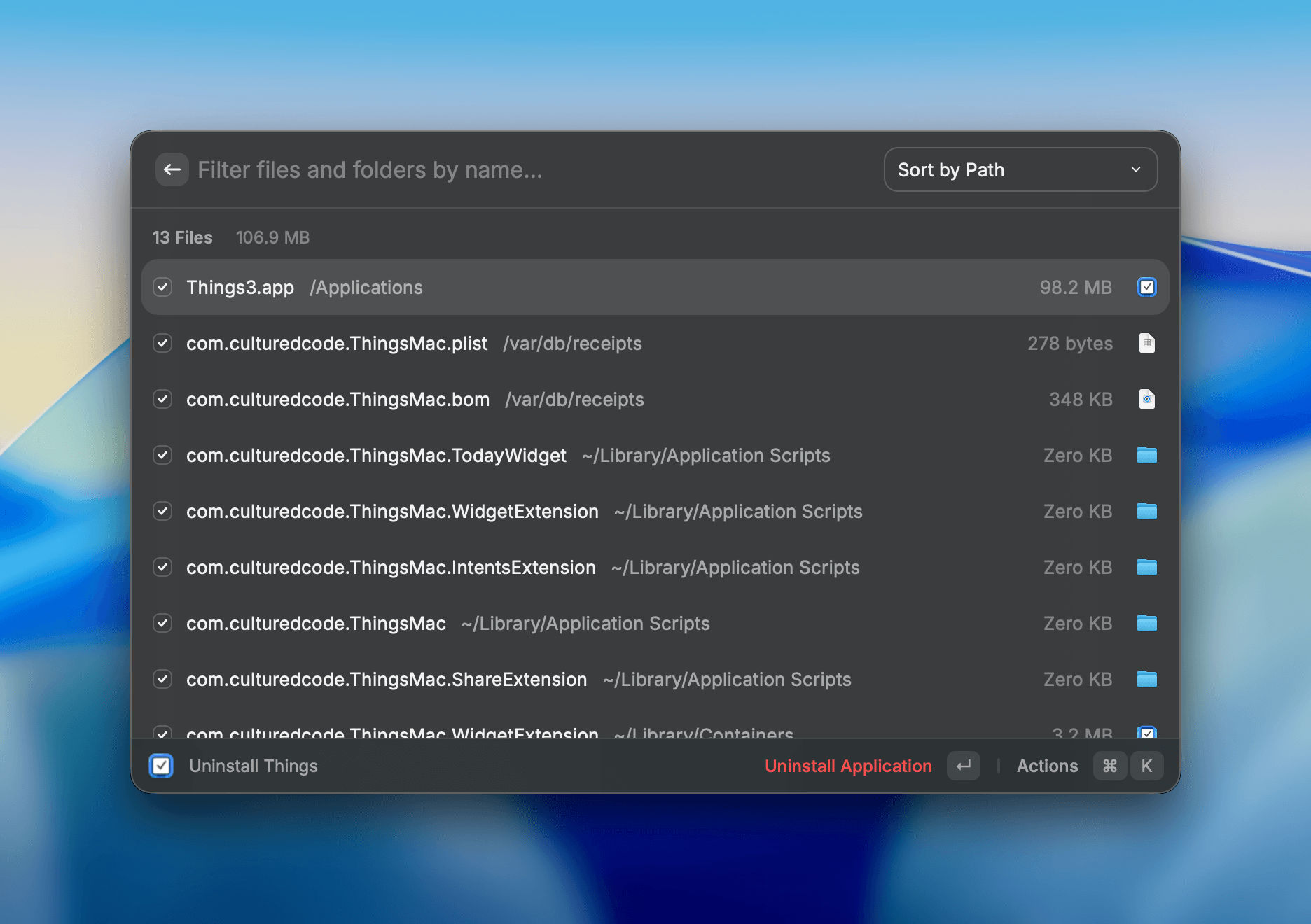 A screenshot of a software application window displaying a file management interface. The window lists 13 files, with a total size of 106.9 MB, related to “Things3.app” located in the Applications folder. Files include various plist and bom files within directories such as “/var/db/receipts” and “~/Library/Application Scripts.” At the bottom, there’s a checkbox labeled “Uninstall Things,” with options for “Uninstall Application” and “Actions” at the bottom right. The background is a blurred gradient of blue and soft colors.