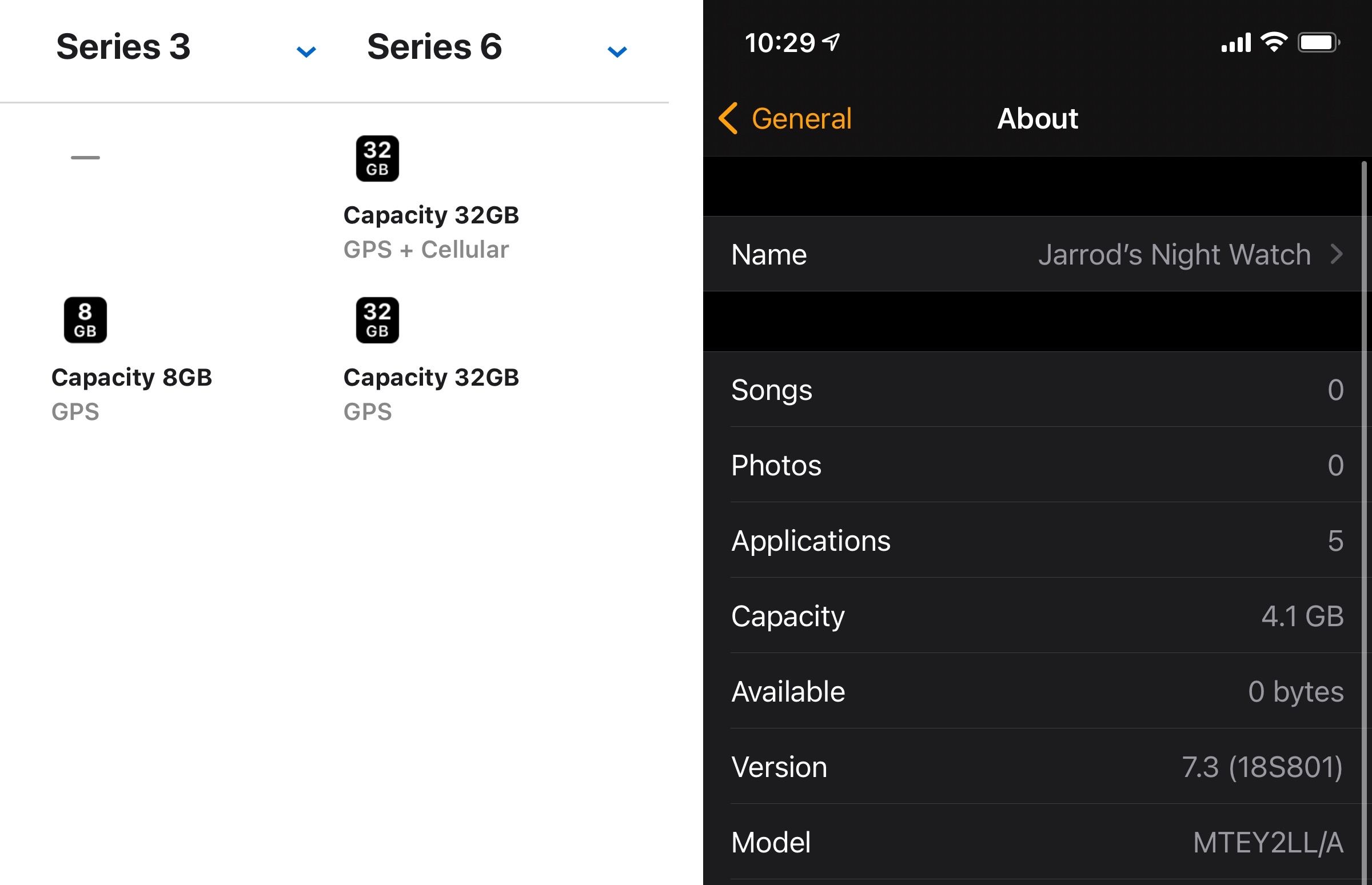 Apple’s website shows Series 3 capacity at 8 GB, but an older model only comes with 4 GB.