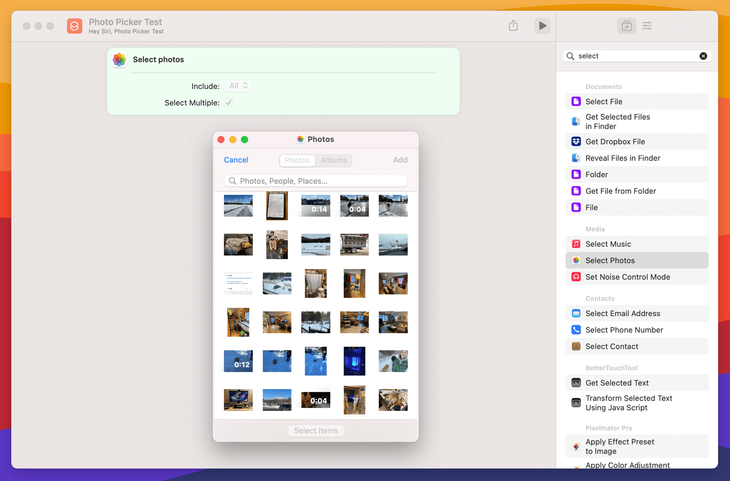 Picking photos from the Shortcuts UI.
