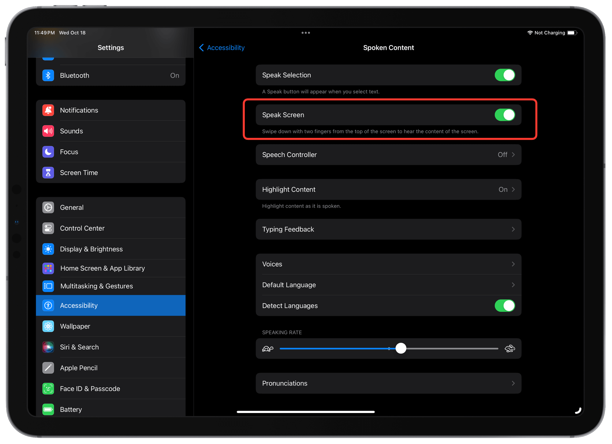 The Speak Screen option enabled in Settings → Accessibility.