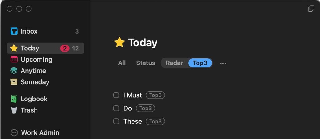 The Things app showing Today’s tasks.