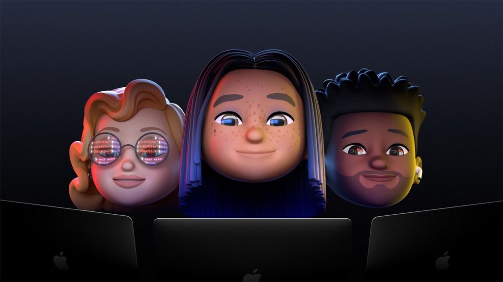 Apple’s WWDC hero image showing three Memoji heads behind their laptops.