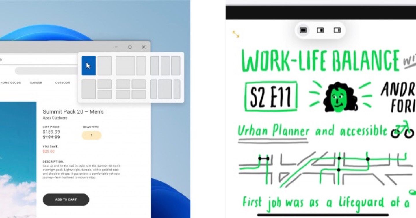 Windows snapping options (left) and iPad multitasking options (right)