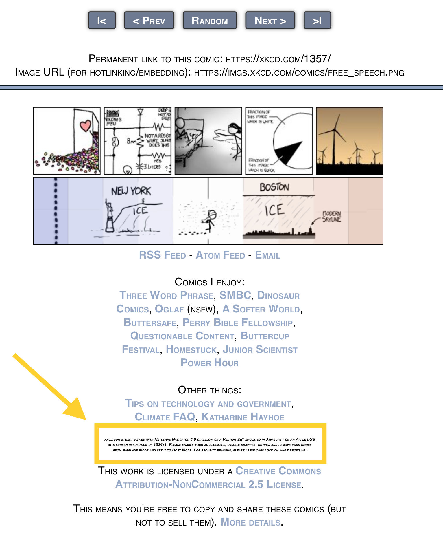 The XKCD webpage with an annotation pointing out the small print at the bottom of the page.