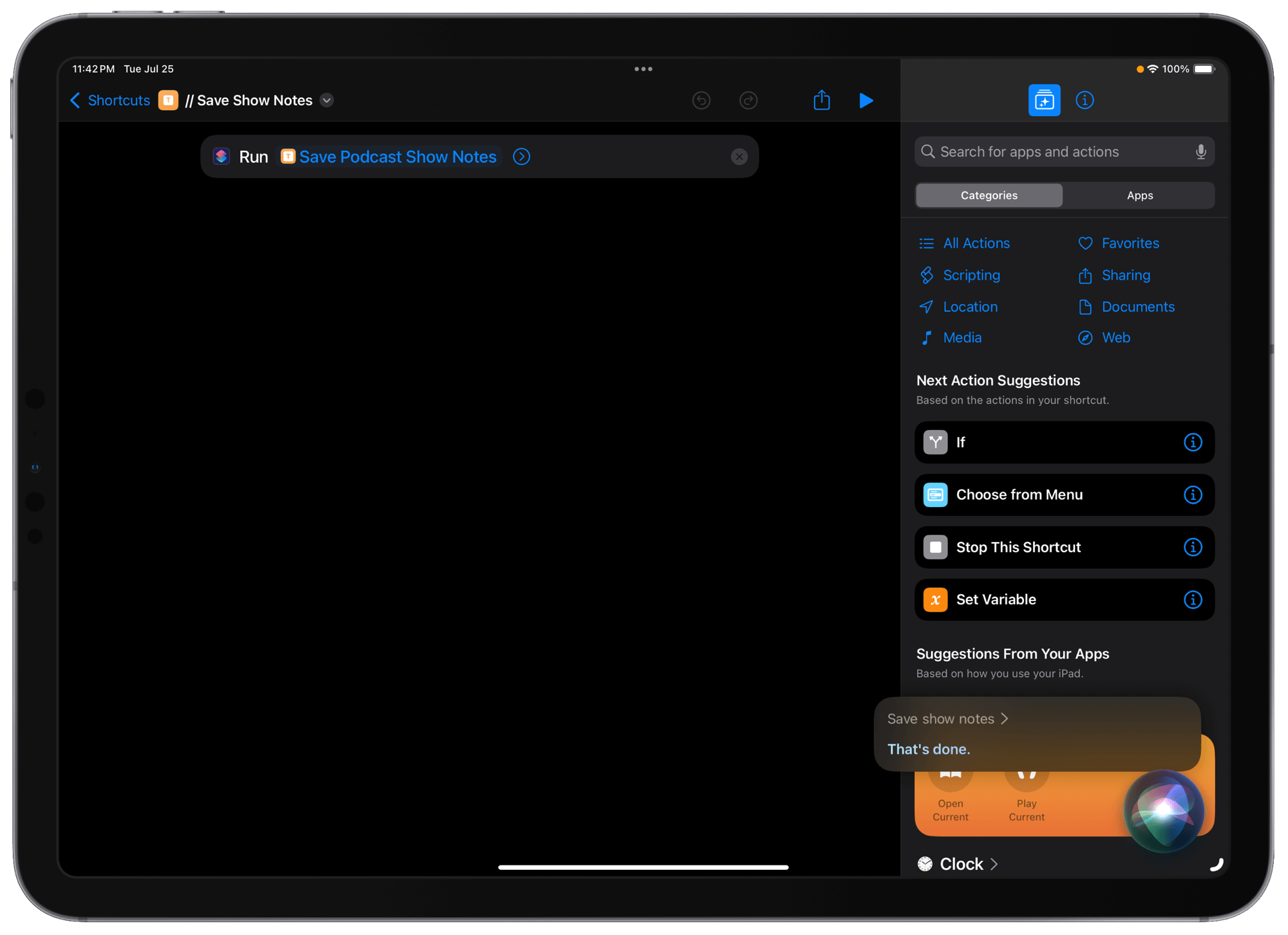 Shortcuts editor with a single ‘Run Shortcut’ action set to run the ‘Save Podcast Show Notes’ shortcut. Siri is active in the corner having been told to “Save show notes” and completing that shortcut.