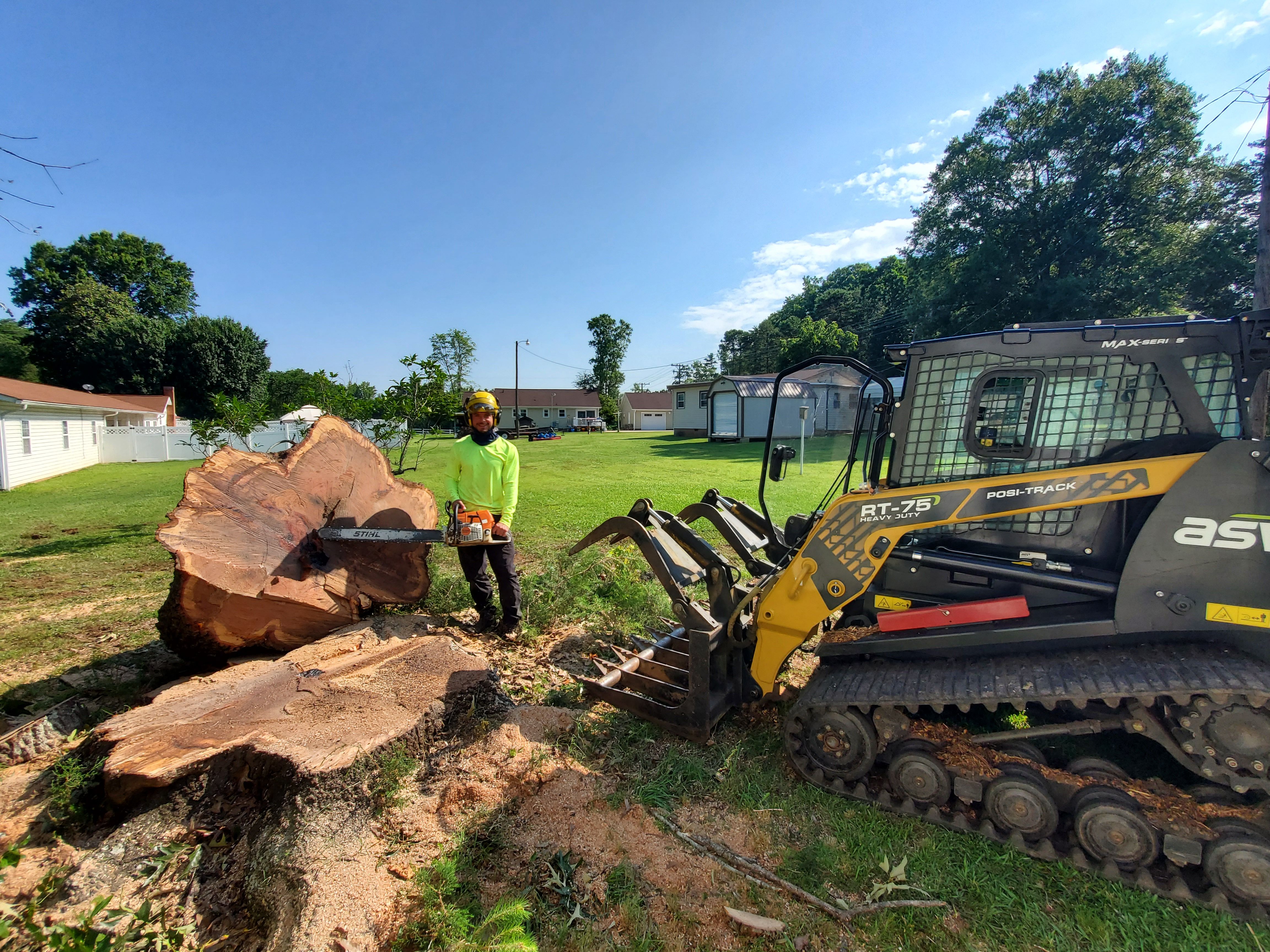 Tree cutter next to a tree.