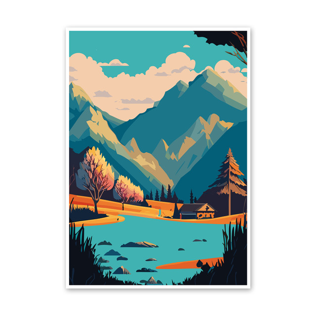 Plakat metalowy, grafika, krajobraz góry jezioro, 30 cm x 40 cm