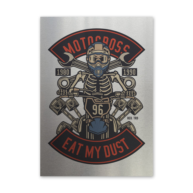 Plakat metalowy, retro, kościotrup motocross, 30 cm x 42 cm, srebrny
