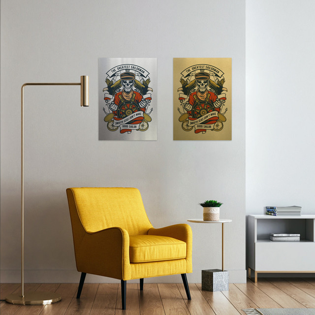 Plakat metalowy, retro, kościotrup żeglarz, 30 cm x 42 cm, złoty