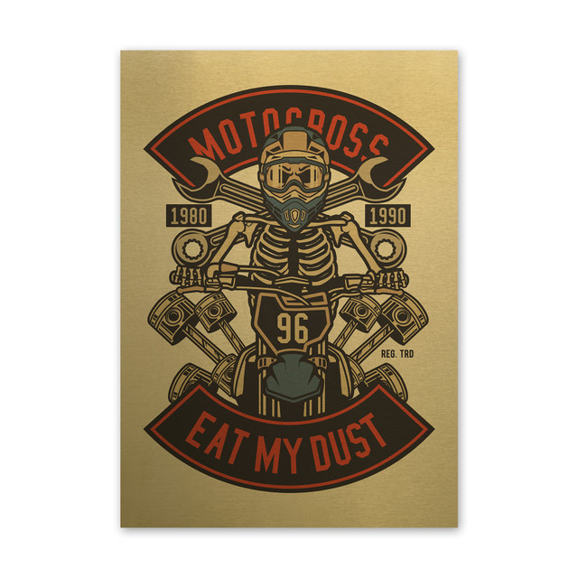 Plakat metalowy, retro, kościotrup motocross, 30 cm x 42 cm, złoty