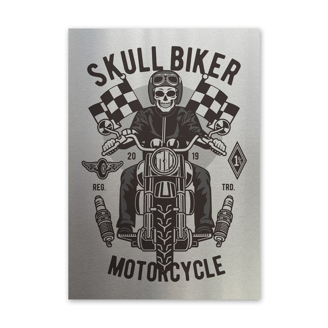 Plakat metalowy, retro, kościotrup motocykl, 30 cm x 42 cm, srebrny