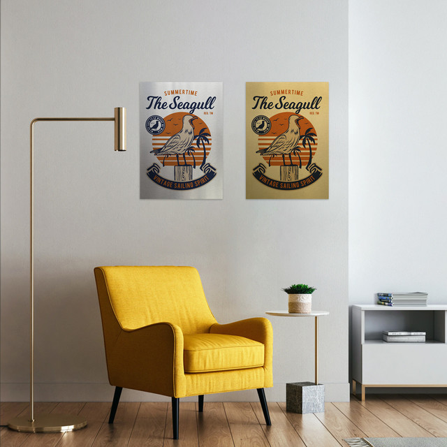 Plakat metalowy, retro, mewa palmy, 30 cm x 42 cm, złoty
