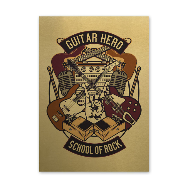 Plakat metalowy, retro, instrumenty szkoła muzyczna, 30 cm x 42 cm, złoty