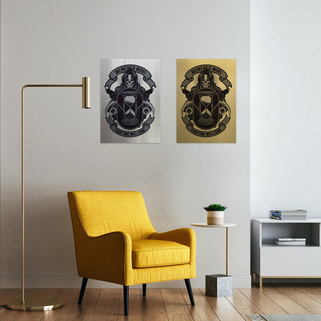 Plakat metalowy, retro, żniwiarz klepsydra, 30 cm x 42 cm, złoty