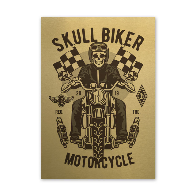 Plakat metalowy, retro, kościotrup motocykl, 30 cm x 42 cm, złoty