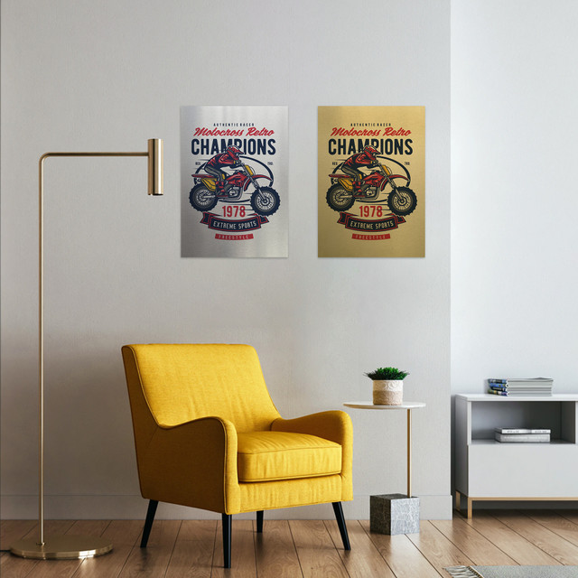 Plakat metalowy, retro, motocyklista motocross, 30 cm x 42 cm, złoty