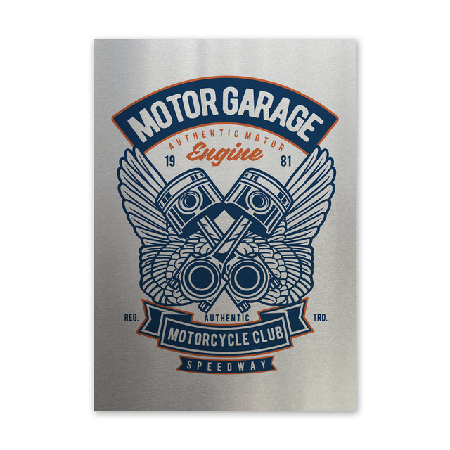 Plakat metalowy, retro, motor garage skrzydła, 30 cm x 42 cm, srebrny