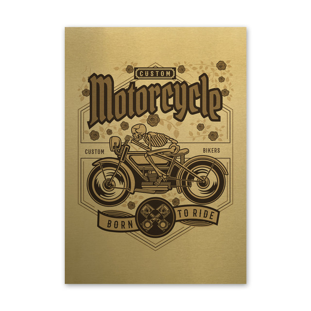 Plakat metalowy, retro, kościotrup motocykl, 30 cm x 42 cm, złoty