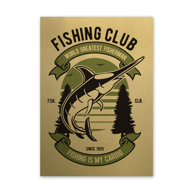 Plakat metalowy, retro, wędkarstwo ryba, 30 cm x 42 cm, złoty