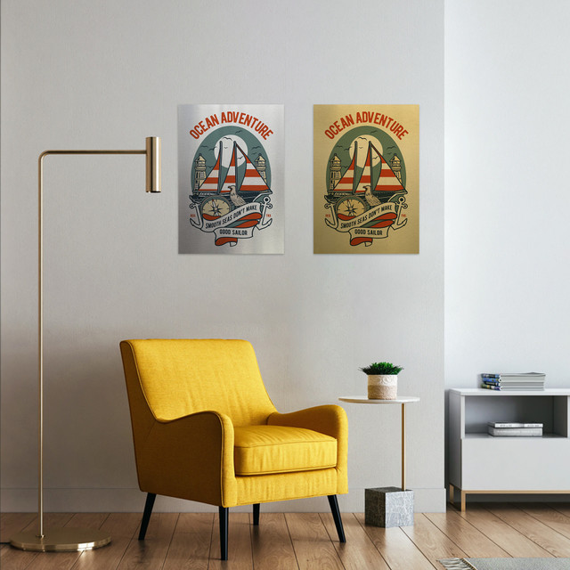 Plakat metalowy, retro, żeglarstwo statek, 30 cm x 42 cm, złoty