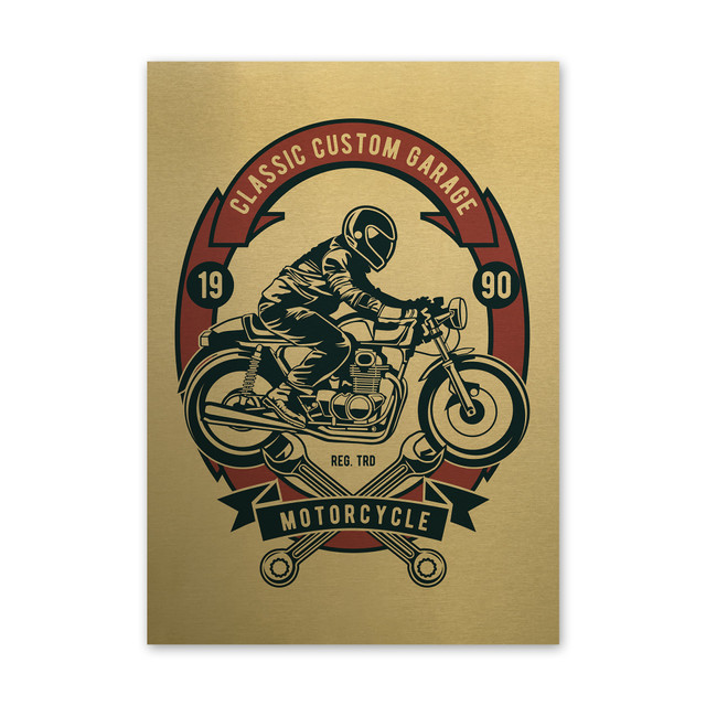 Plakat metalowy, retro, motocyklista, 30 cm x 42 cm, złoty